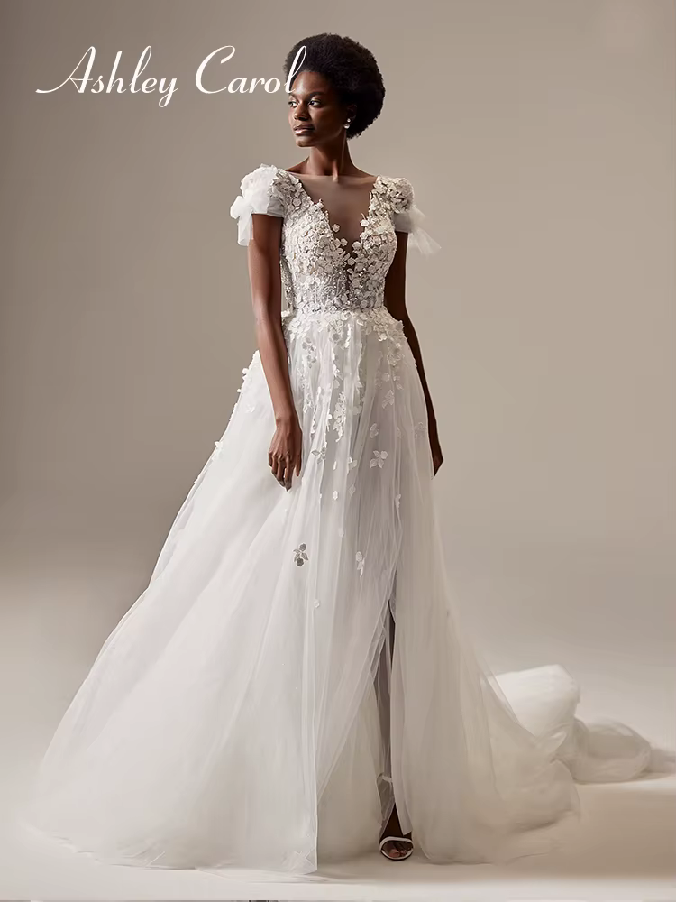 Ashley Carol-Robes de mariée A-Line pour femmes, robe de mariée à col en V profond, train de cour de