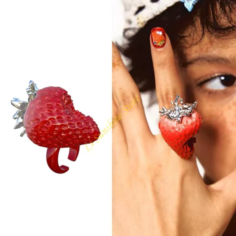 Bagues en résine réglables inspirées fraise, cadeaux esthétiques modernes doux pour vêtements fête d