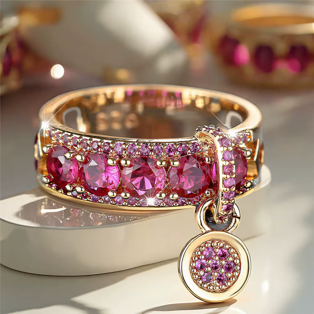Bague de fiançailles de luxe en pierre de Zircon ronde pour femmes, Rose rouge, couleur or jaune, bi