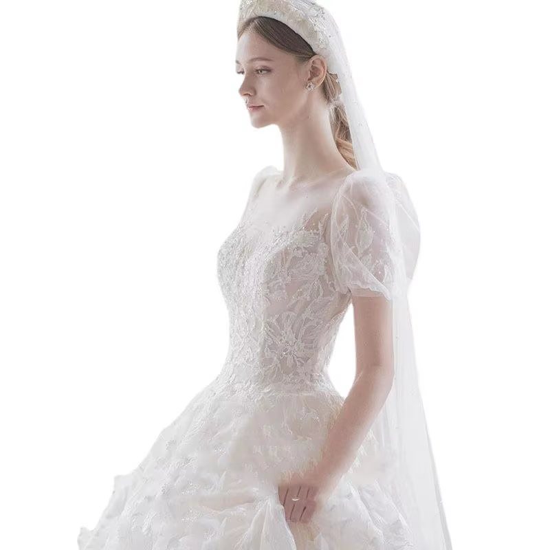 Robe de mariée blanche à manches courtes brodée avec une Romance de rêve révélant une silhouette min