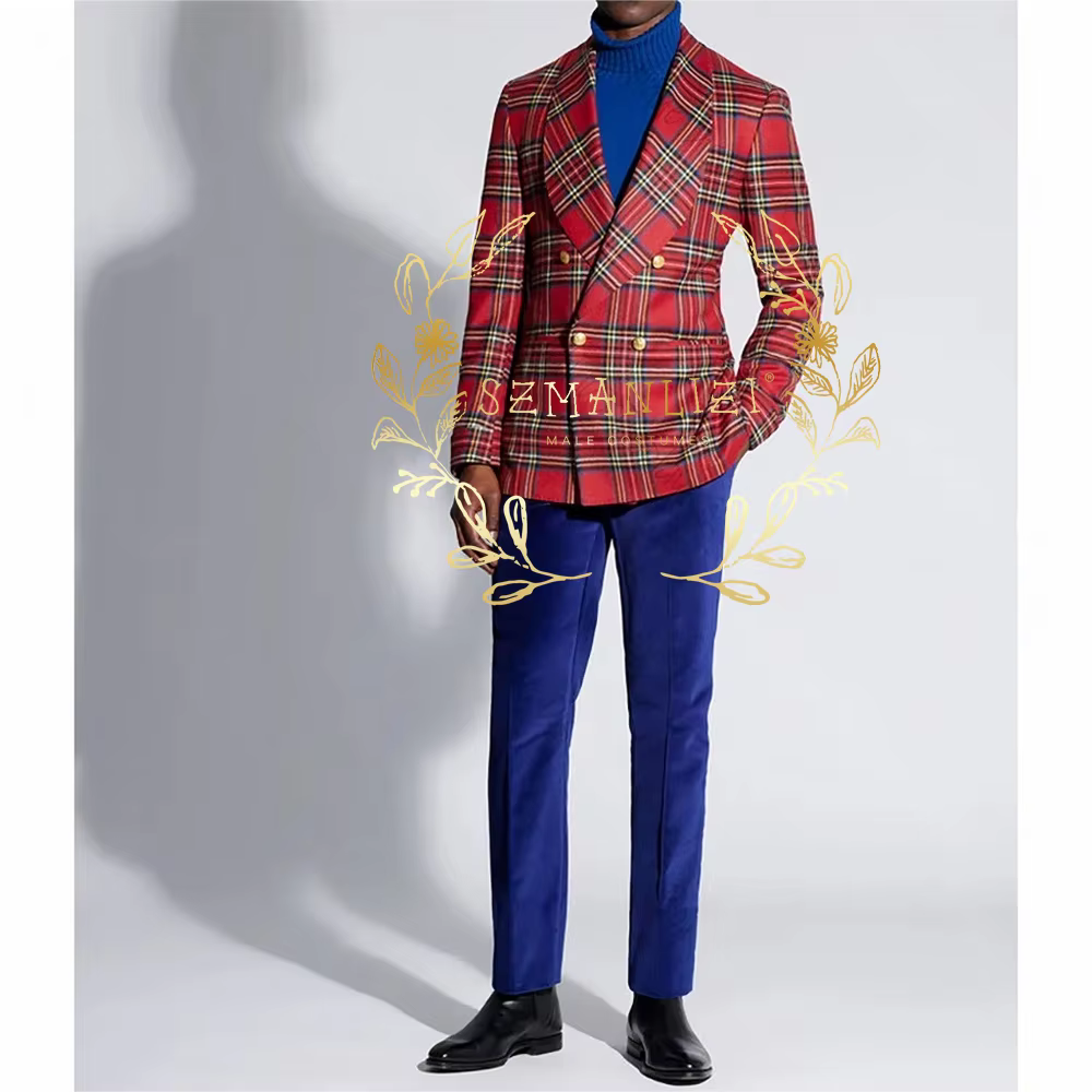 Veste classique à carreaux rouge pour hommes, costumes de fête formelle, 2 pièces, Tuxedos de marié à Double boutonnage pour Costume de mariage, Blazer, pantalon en velours