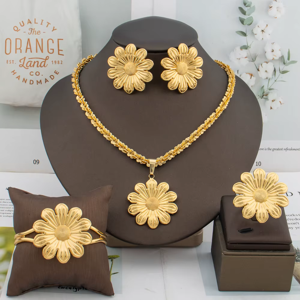Ensemble de bijoux en forme de fleur pour femmes, boucles d'oreilles, collier, Bracelet Ins français, bague, bijoux romantiques, cadeaux de fête