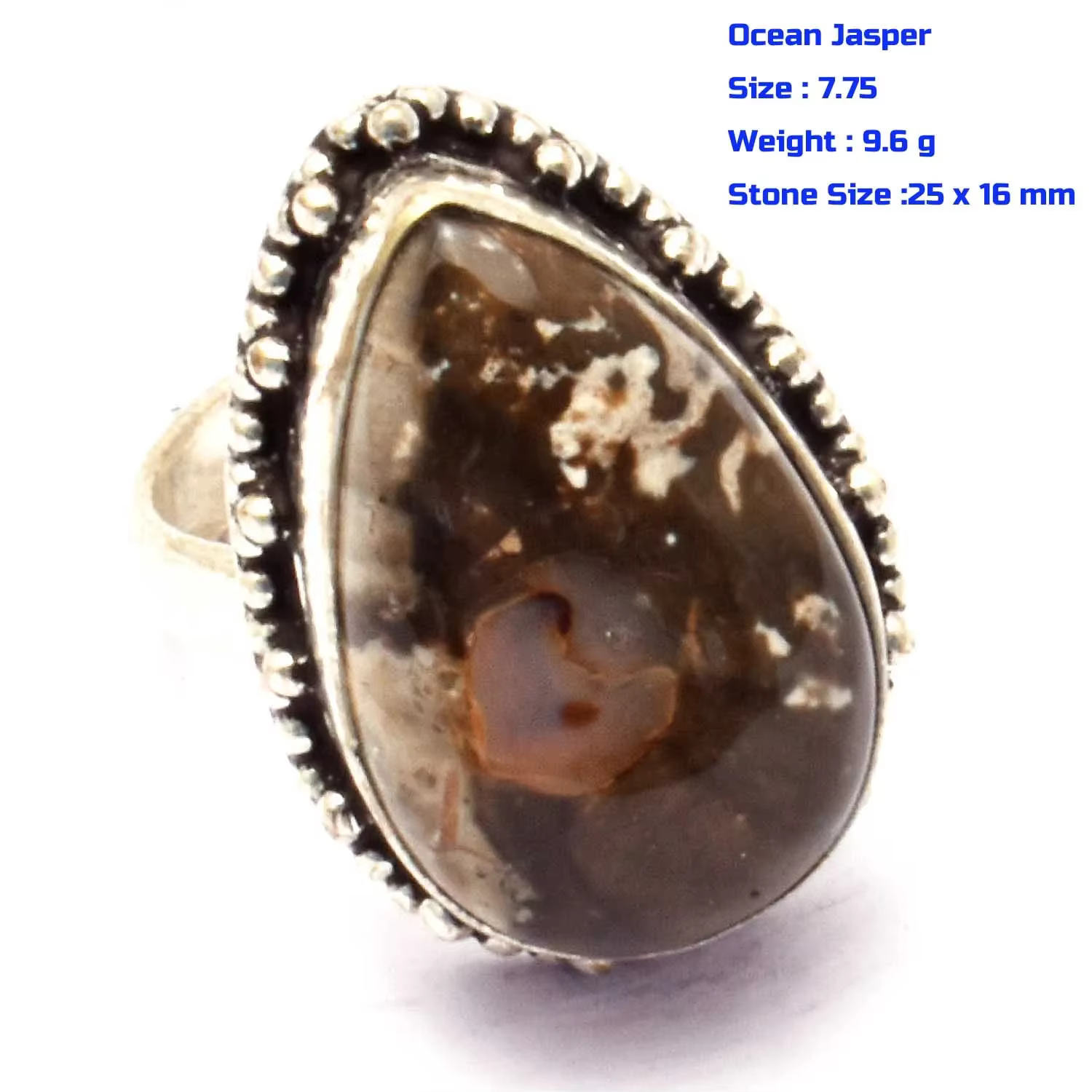 Véritable bague en obsidienne flocon de neige en jaspe océan