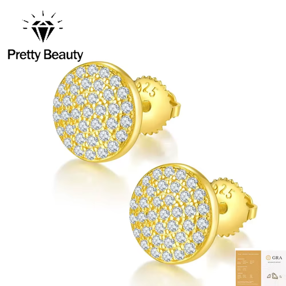 Boucles d'oreilles clous en argent 925 plaqué or avec moissanite et pavé de diamants pour femme