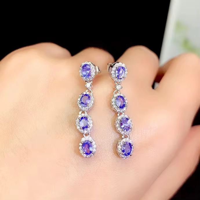 Bijoux véritable Tanzanite boucles d'oreilles pour mariage 8 pièces 3*4mm Taznanite argent Eardrop 925