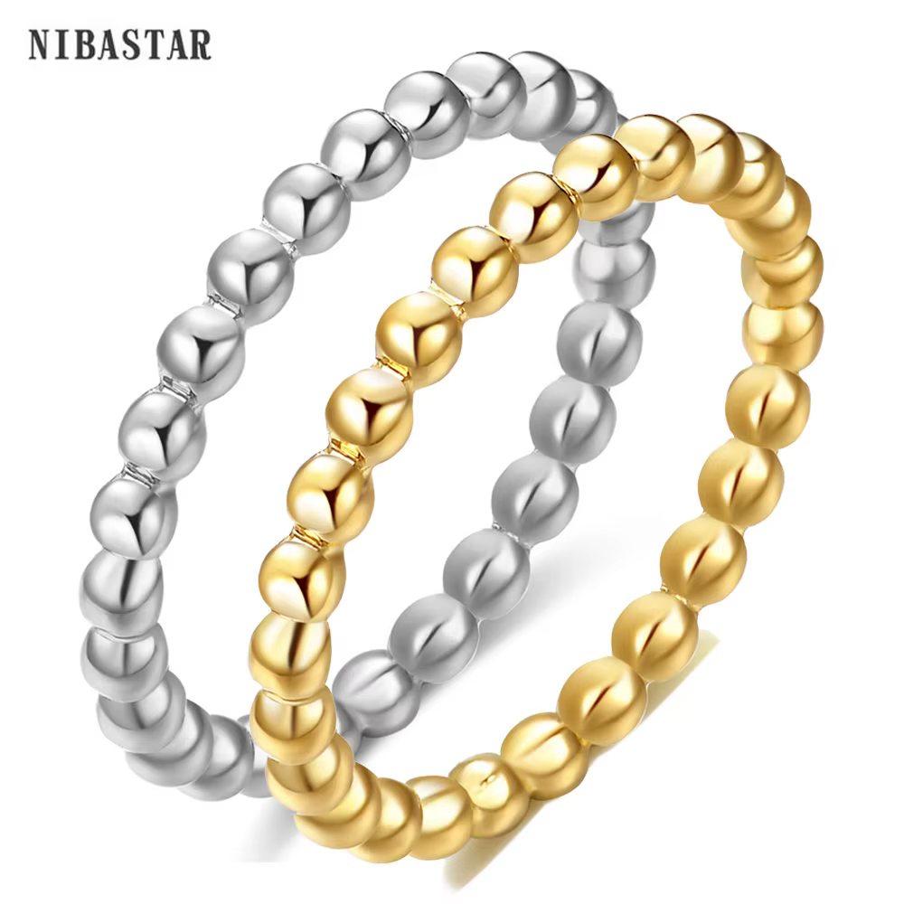 NIBASTAR perles eau ondulation anneau pour femmes Simple mode perlé anneaux en acier inoxydable Mini bijoux cadeau