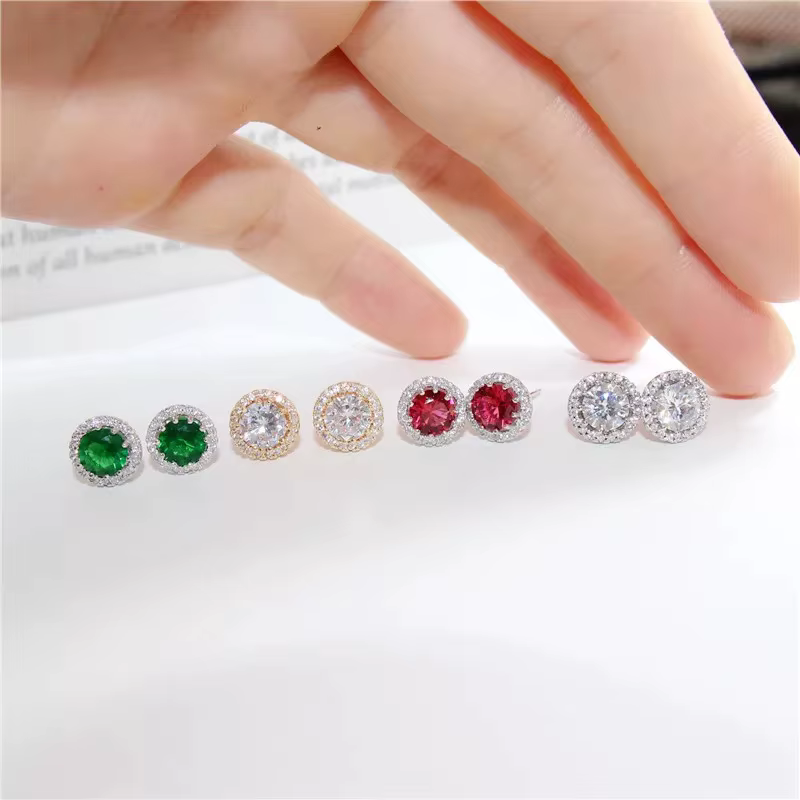 Boucles d'oreilles adrencos naturelles pour femmes, argent regardé S925, bijoux fins, rond, vert, rouge, diamant, luxe, boucle d'oreille de mariage