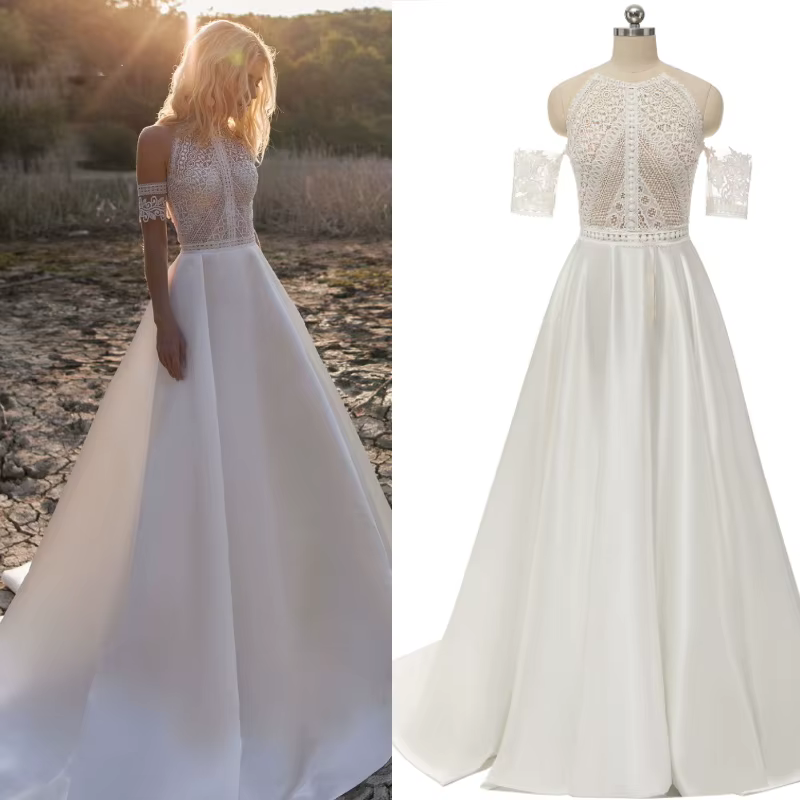 Robe de Mariée en Dentelle et Satin de Style Bohème pour Femme