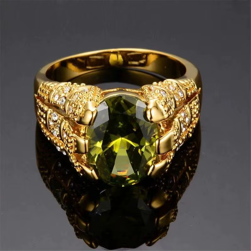 Nouvelle mode mâle péridot ovale bague de luxe grand cristal Zircon pierre anneau 14KT or jaune promesse bagues de fiançailles pour hommes