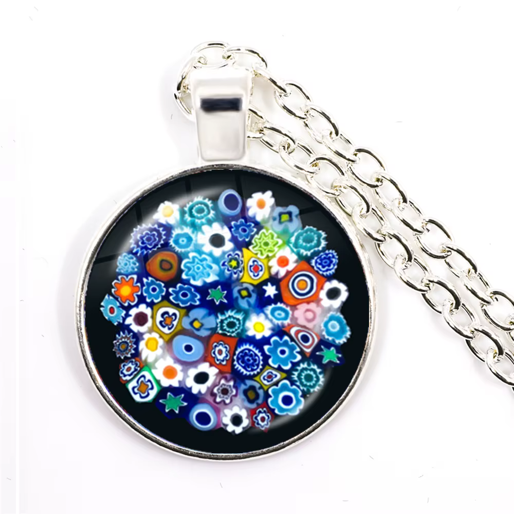 Murano Millefiori pendentif collier multicolore fleur 25mm verre Cabochon