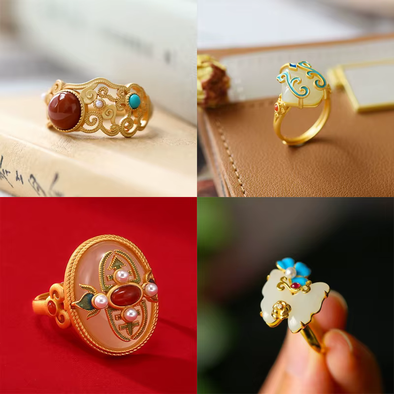 Bague en émail rétro chinois en argent incrusté de jade Hetian pour femme