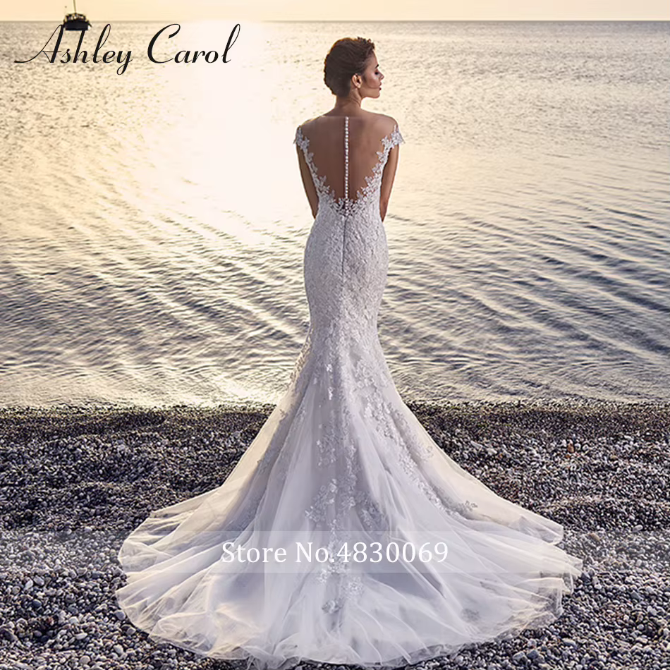 Ashley Carol robes De mariée à manches courtes pour les femmes Appliques col Invisible romantique sirène robe