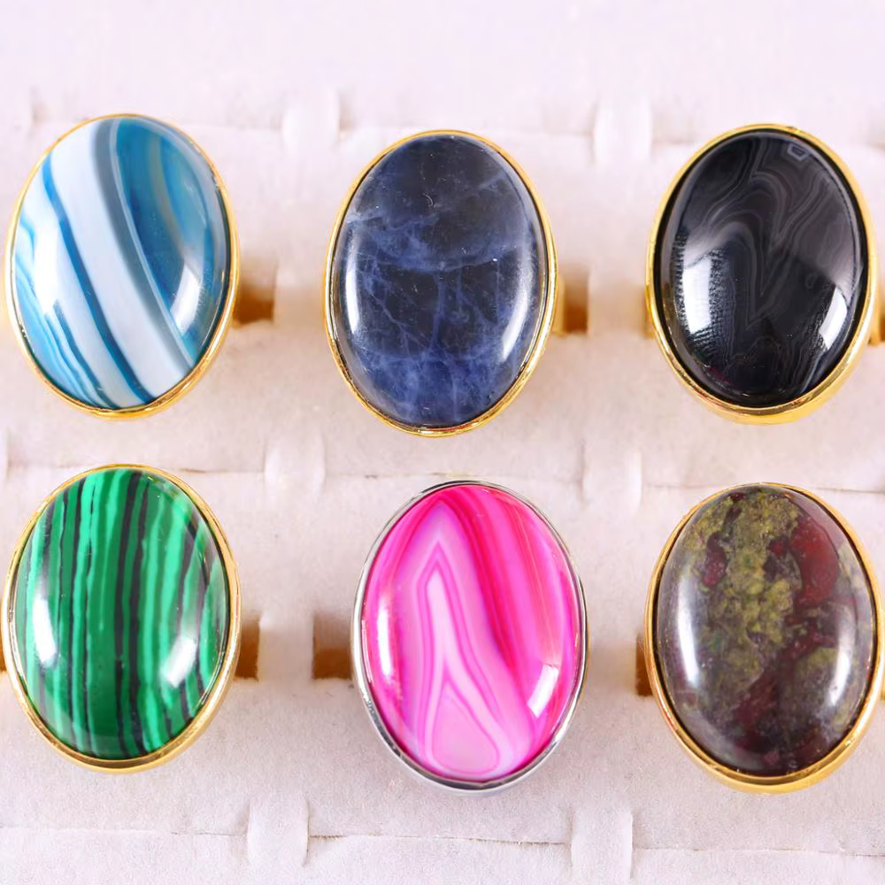 Bague Ajustable en Pierre Naturelle pour Homme et Femme, Cabochon Ovale CAB, Perle de Clip, Opale, Rhodonite, Malachite, Howlite, Onyx