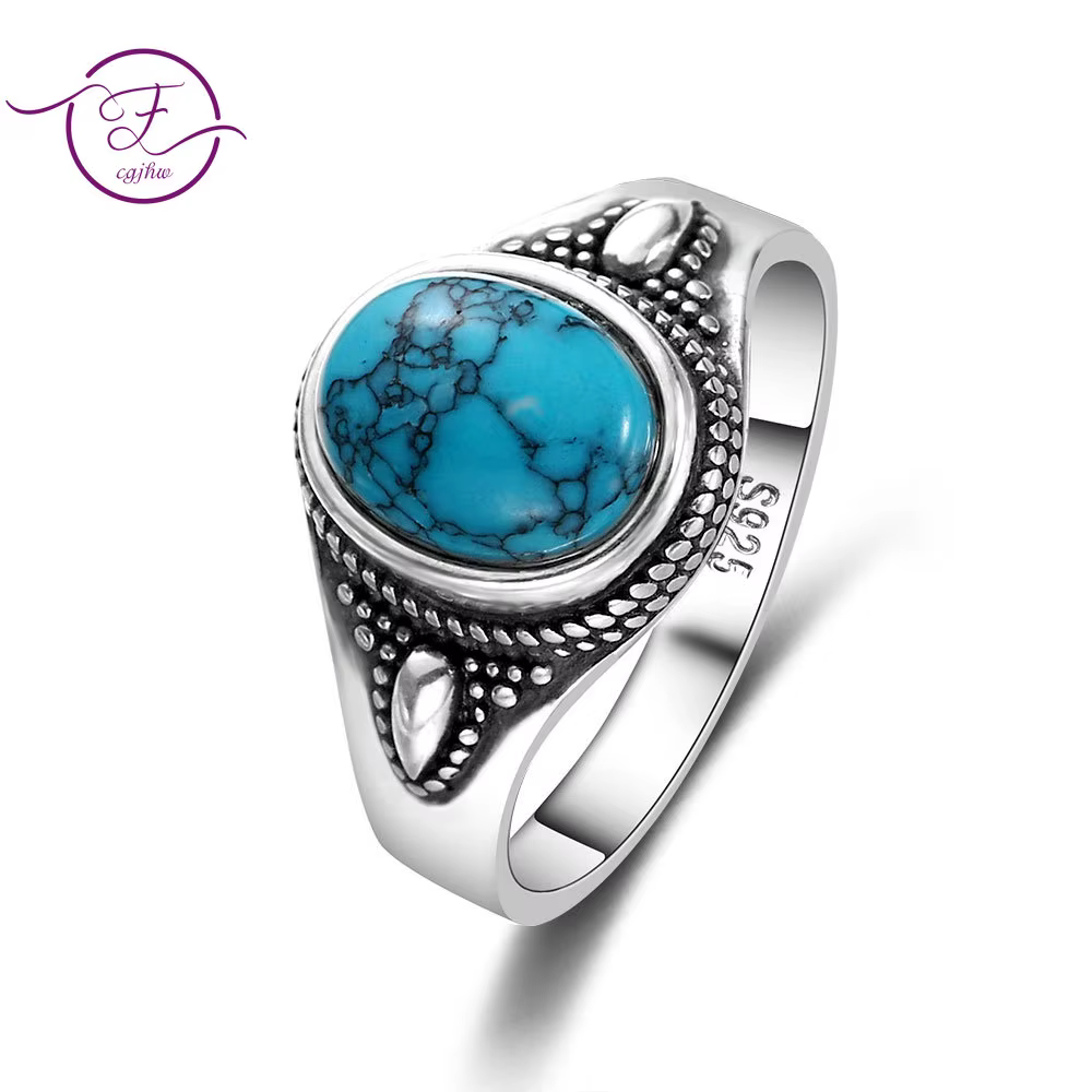Bagues de fiançailles en argent S925 Turquoise naturel pour femmes et hommes, bijoux fins Vintage, offre spéciale, cadeau de fête