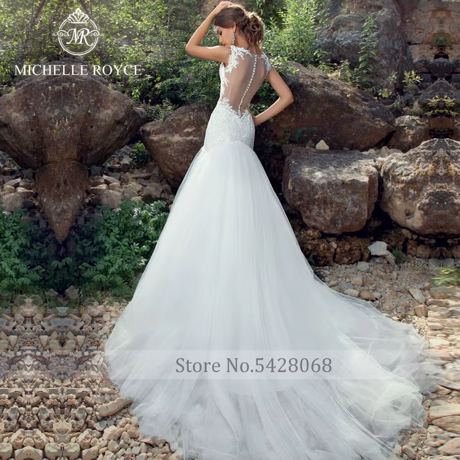Michelle Royce sirène robes De mariée Sexy chérie Appliques Illusion bouton chapelle Train