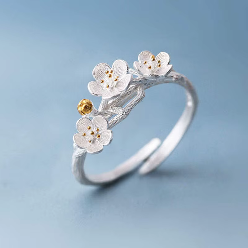 Bague ajustable en fleur de prunier pour femmes