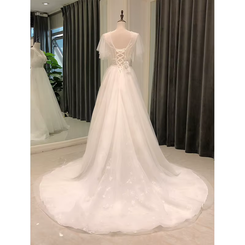 8148 personnalisé élégant dentelle plage bohème robe de mariée col en v France Simple