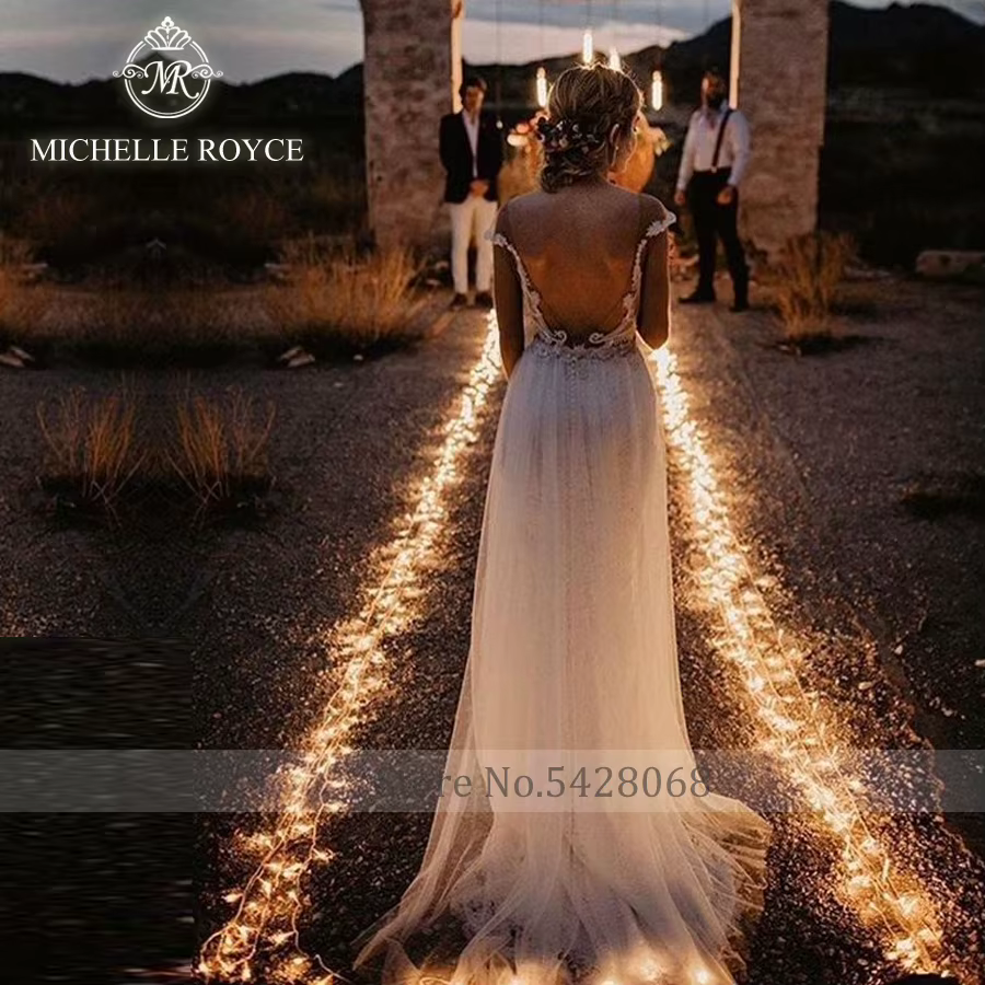 Michelle Royce a-ligne robes De mariée pour les femmes Sexy Appliques Illusion chapelle Train chérie robe
