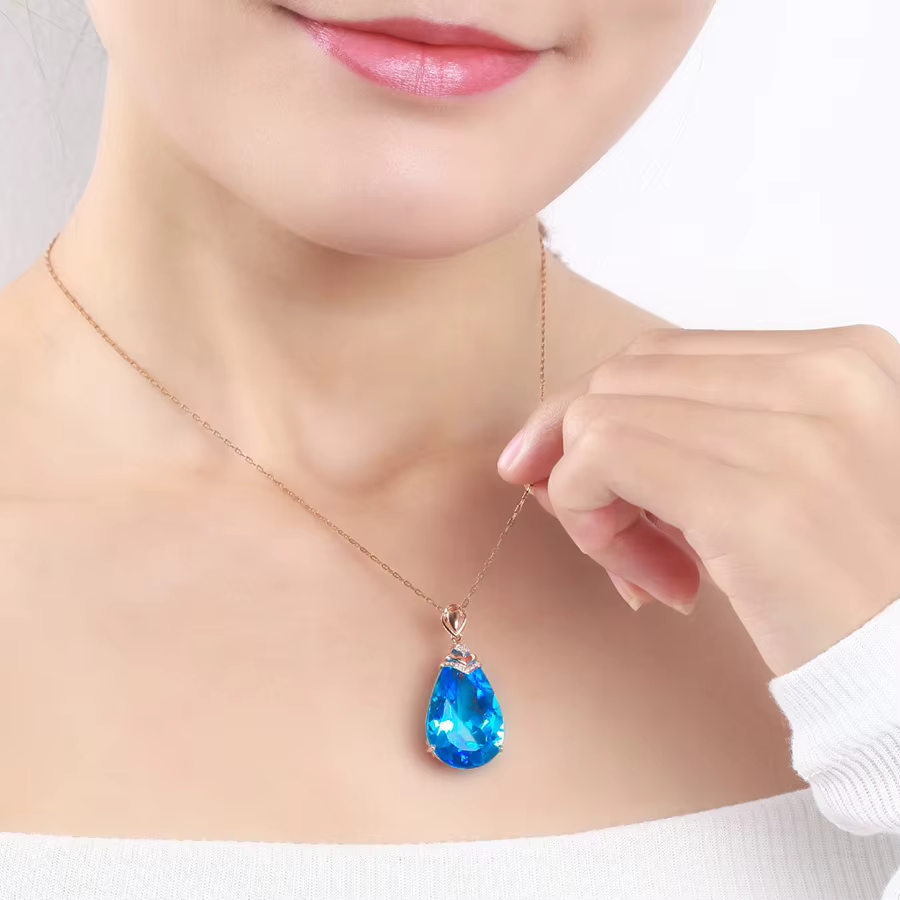 Collier en or rose 14K pendentif saphir bleu pour femme topaze goutte calcédoine