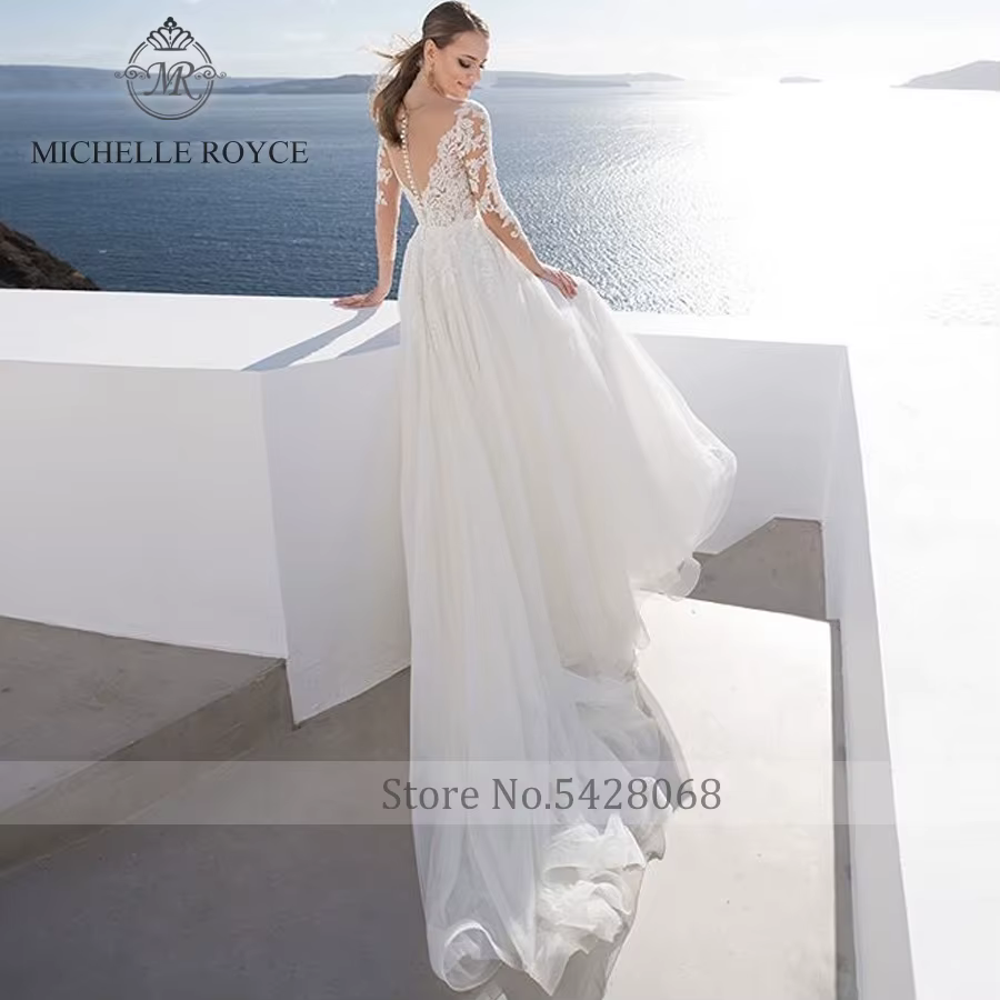 Michelle Royce a-ling robes De mariée Sexy col en v à manches longues Appliques bouton chapelle Train