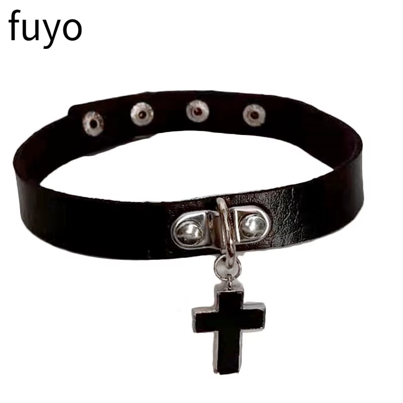 Croix noire gothique Punk Pu cuir colliers ras du cou collier Rock bijoux pour femmes homme