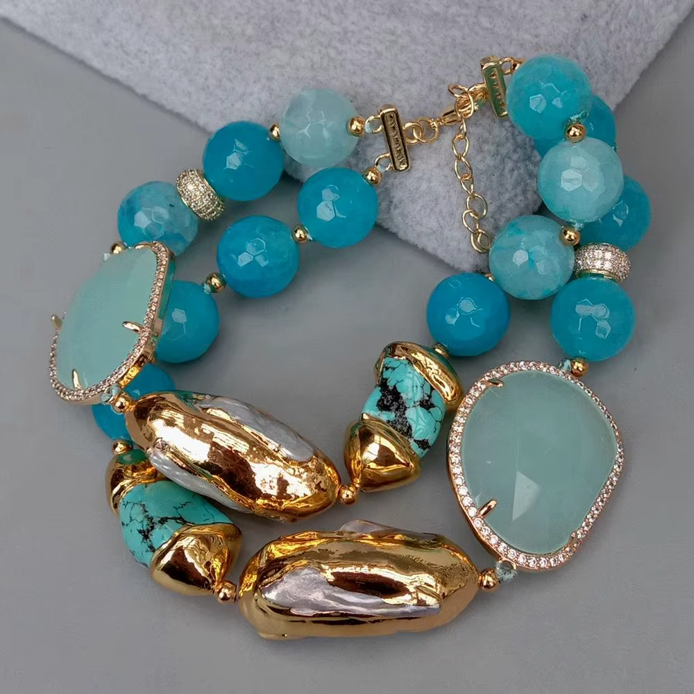 YYGEM 2 rangées bleu à facettes Agate Turquoise cultivée blanc Biwa perle cristal Bracelet dame bijoux