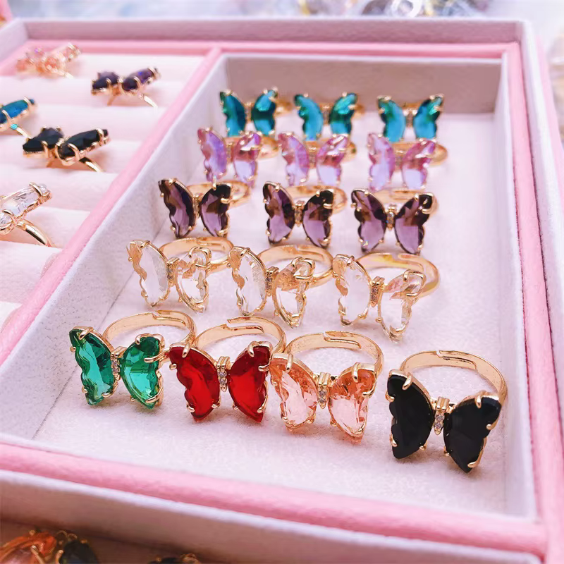 Bague papillon en cristal Transparent coloré pour femmes
