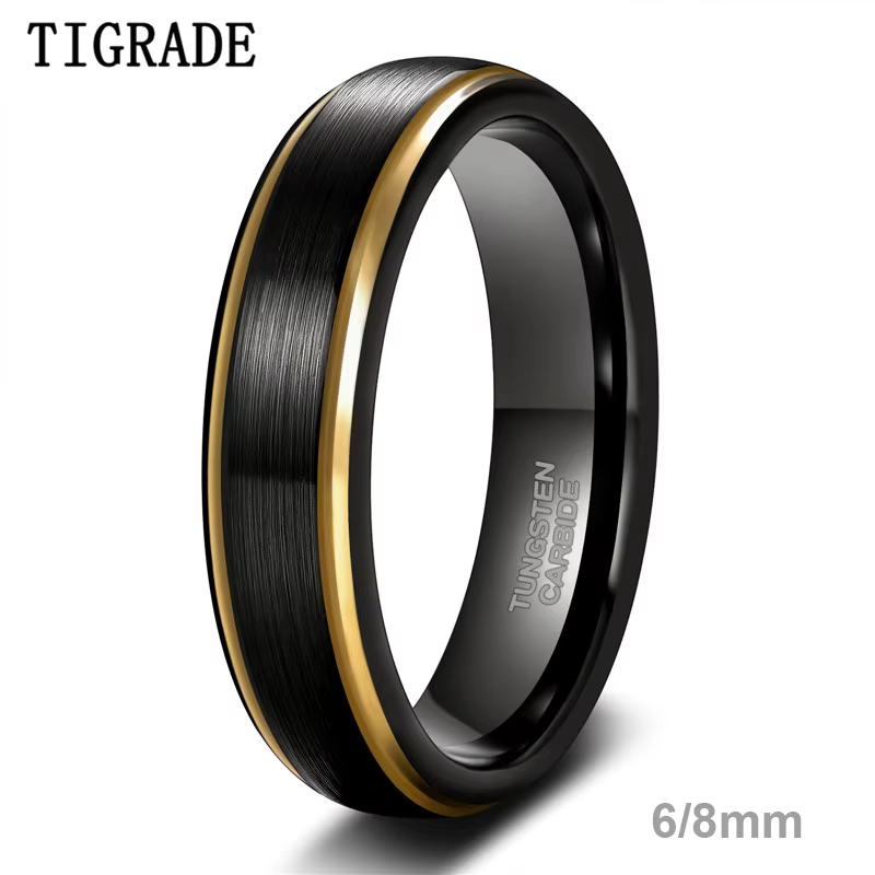 Tigrade hommes bague noire en tungstène brossé avec bord de couleur or 6/8mm unisexe femmes