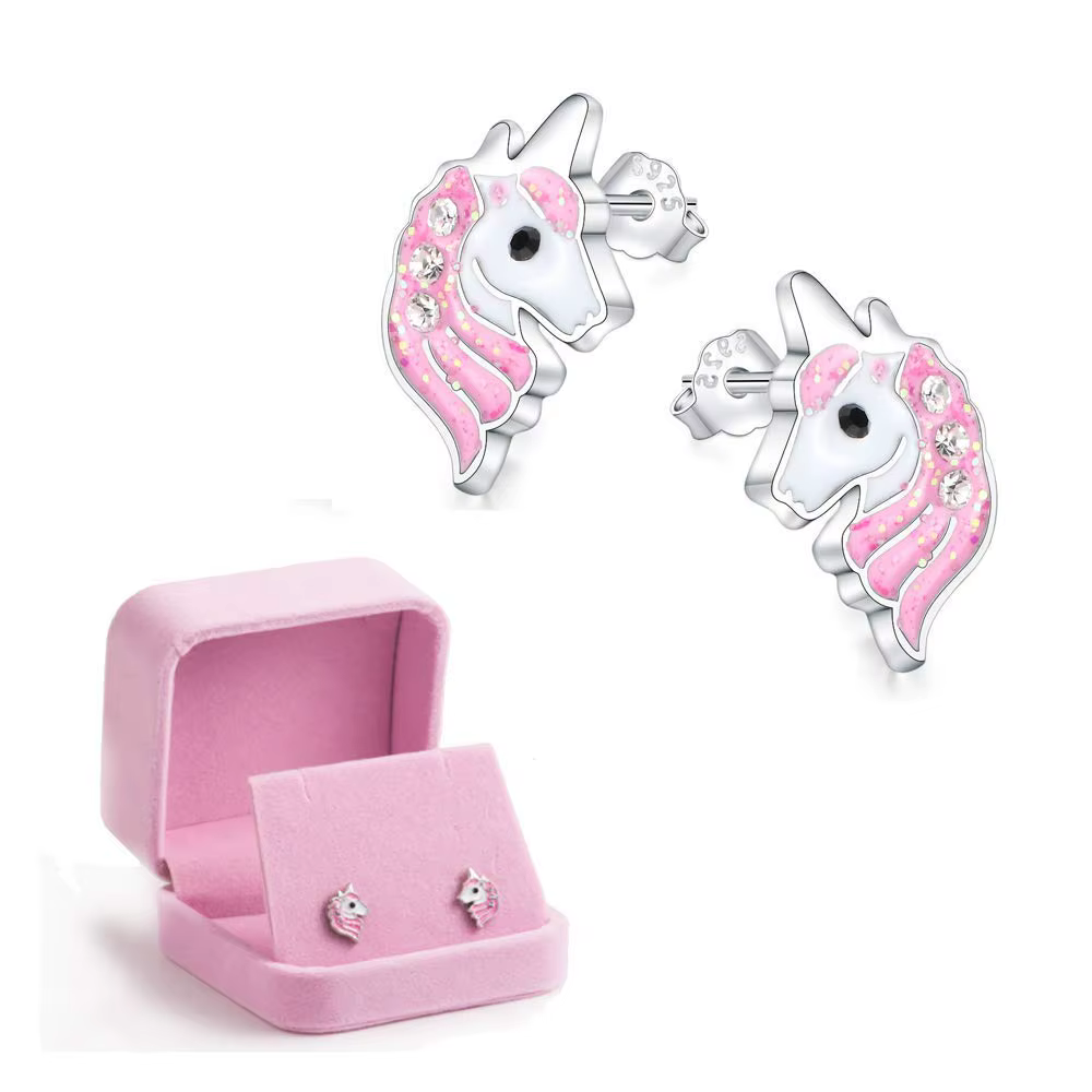 Boucles d'oreilles licorne hypoallergéniques en argent rose clair scintillant avec Zircon pour petites filles, bijoux pour enfants, fête d'anniversaire