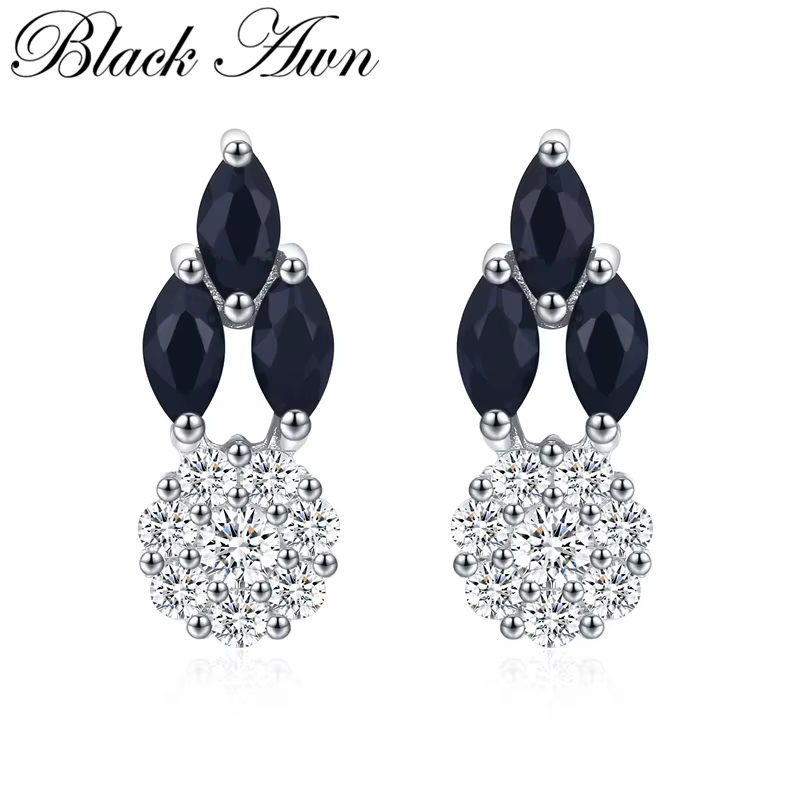 Nouveauté 2026 Black Awn – Boucles d'oreilles clous fantaisie couleur argent avec pierre spinelle noire pour femme – Bijoux I094