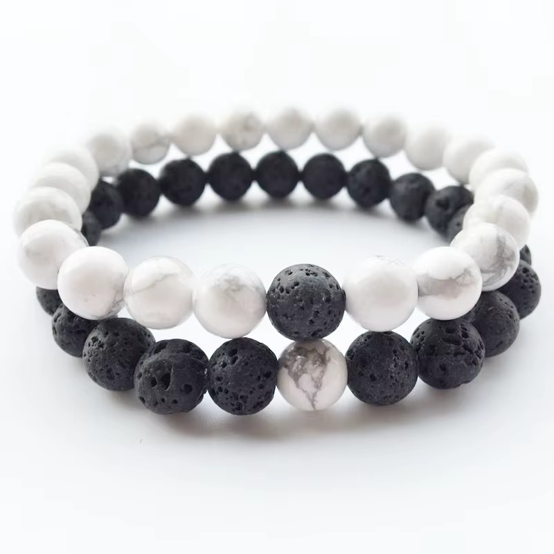 Bracelet classique en pierre naturelle noire et blanche pour homme et femme