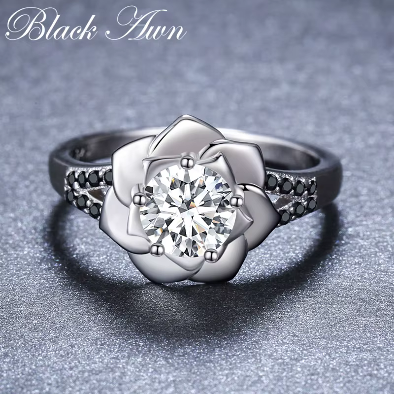 2019 nouvelles fleurs romantiques 925 bijoux en argent sterling haute fiançailles bague de fiançailles spinelle noir modèles féminins G073