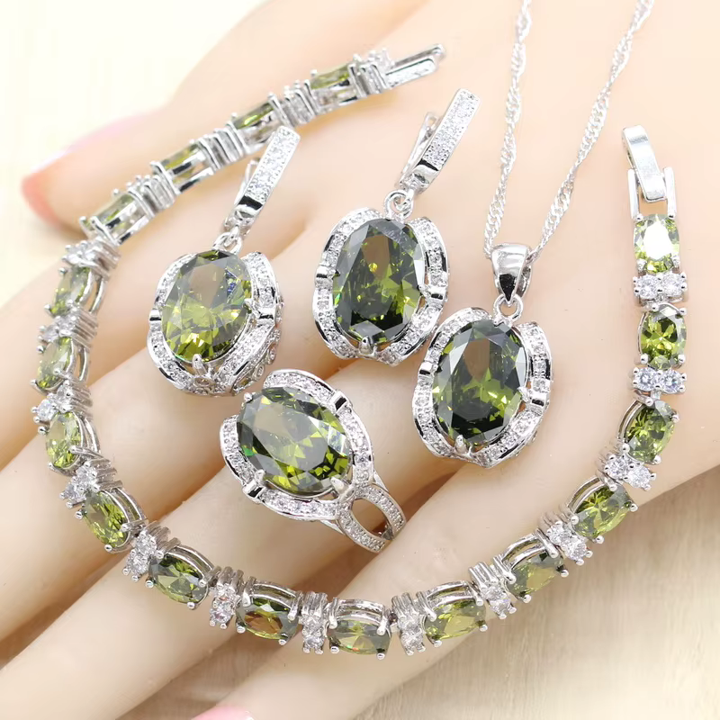 Ensembles de bijoux en argent CZ vert olive pour femmes