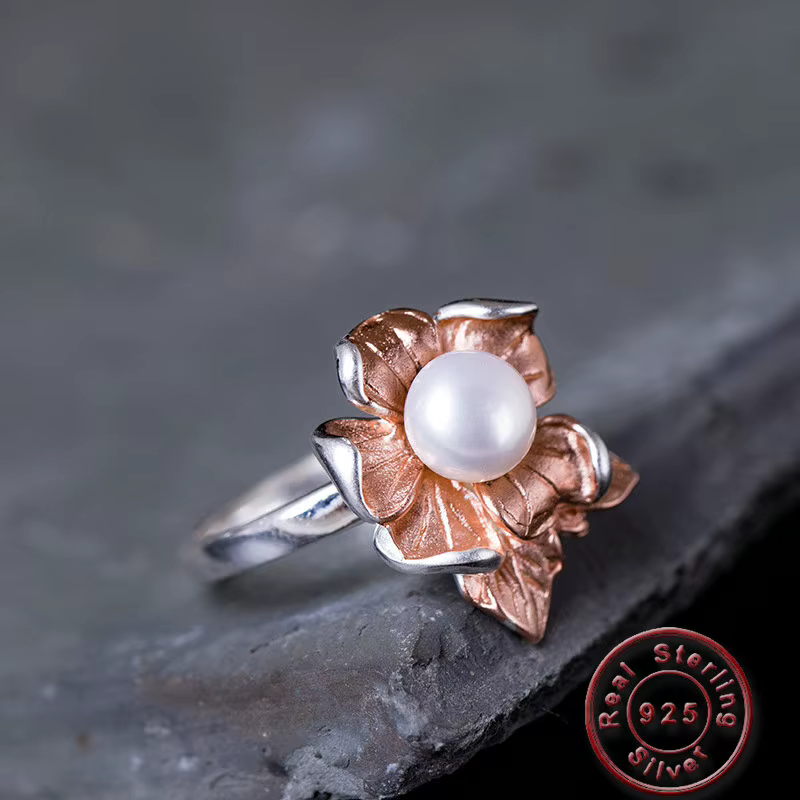 Amxiu-Bague en argent regardé 925 avec perle d'eau douce naturelle