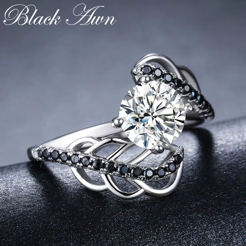 2019 nouvelle mode 925 en argent Sterling bijoux de fiançailles noir spinelle ronde bague de fiançailles pour les femmes G094