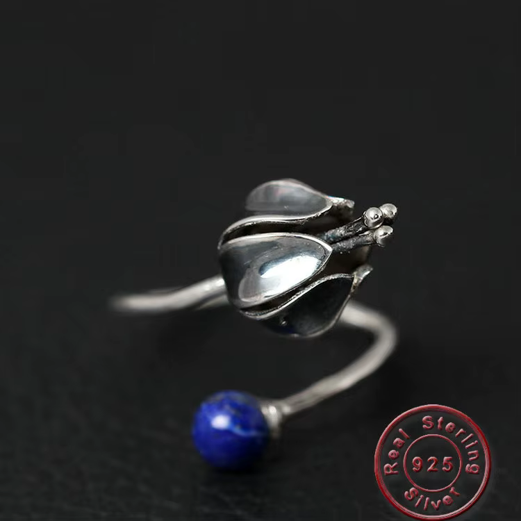 Amxiu-Bague en argent antique rétro, pierre naturelle, matiques ouvertes, bijoux de fleurs vintage, bague en argent 925, accessoires cadeaux pour la fête des femmes