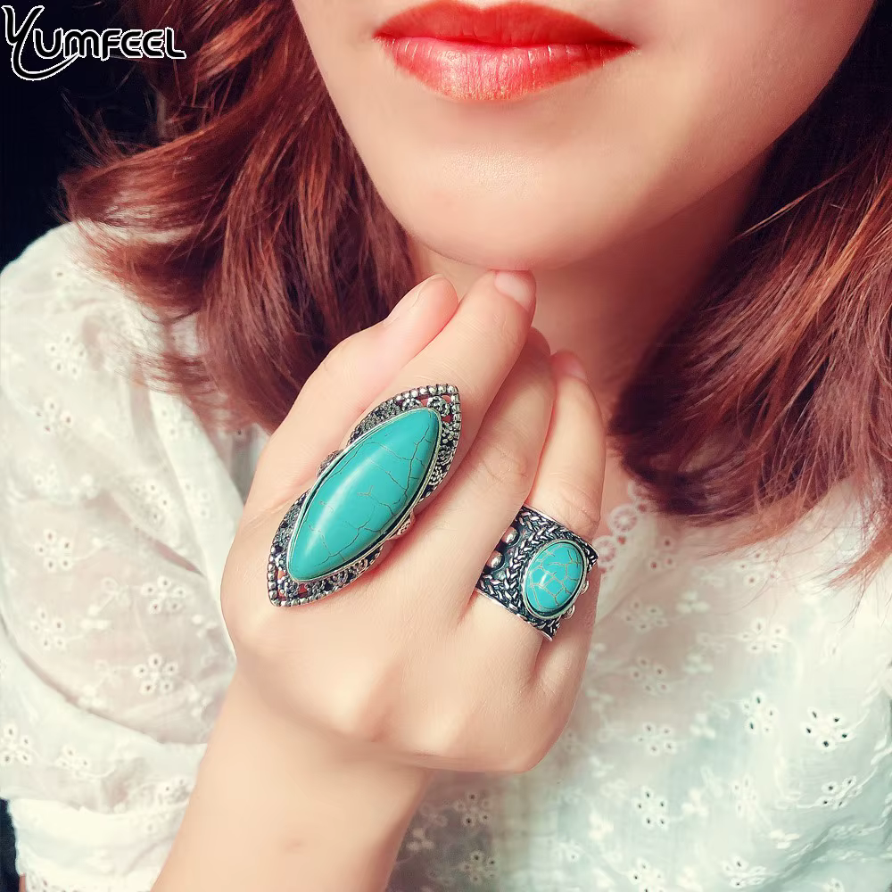 Yumfeel-Bague tibétaine turquoise en argent vintage pour femme