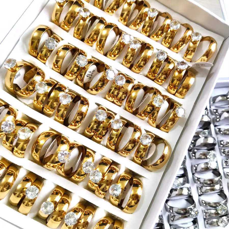 10 ensembles (20 pièces) de bagues de mariage classiques en acier inoxydable avec zircon