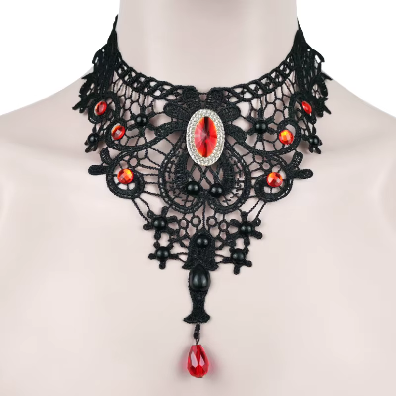Tour de cou gothique avec fleurs perlées noires pour femme