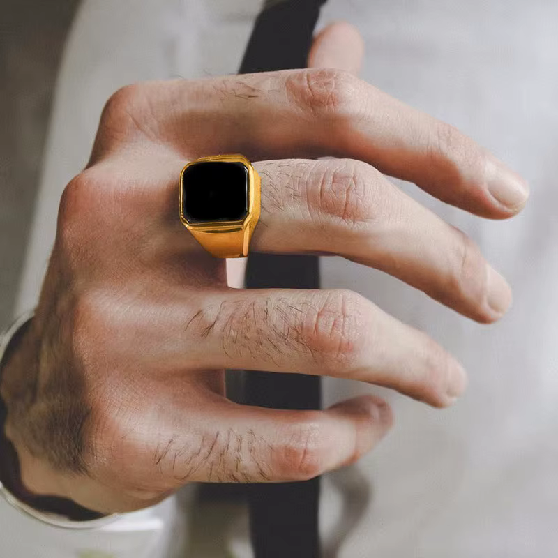 Bague homme cornaline noire chevalière anneaux acier inoxydable carré Pinky