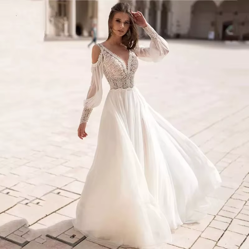 Robe de Mariée Élégante de Plage en Mousseline avec Manches Bouffantes Amovibles Décolleté V Appliques de Dentelle Dos