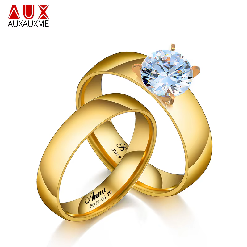 Auxauxme brillant zirconique amoureux bagues de fiançailles en acier inoxydable graver nom Date bague de mariage Couple femmes hommes
