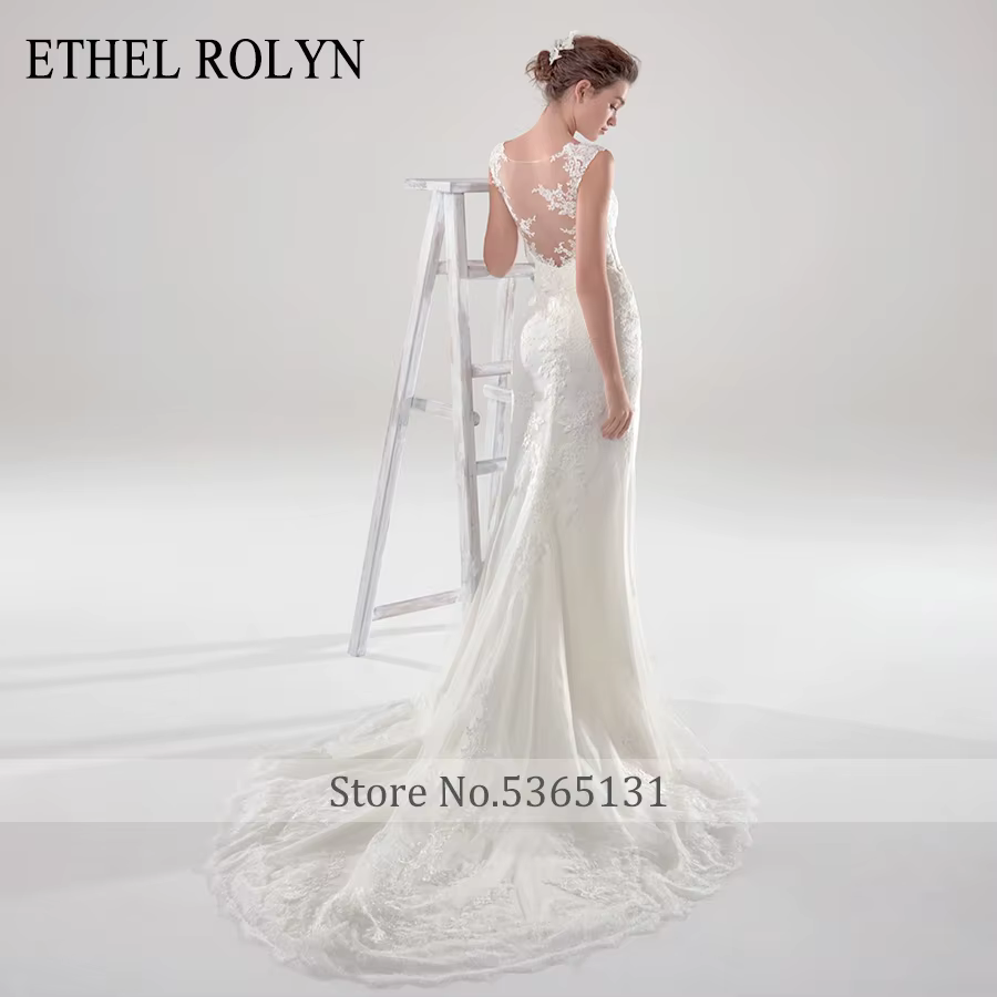 ETHEL ROLYN robe De mariée sirène Illusion romantique dos nu dentelle Appliques Scoop sans manches robes