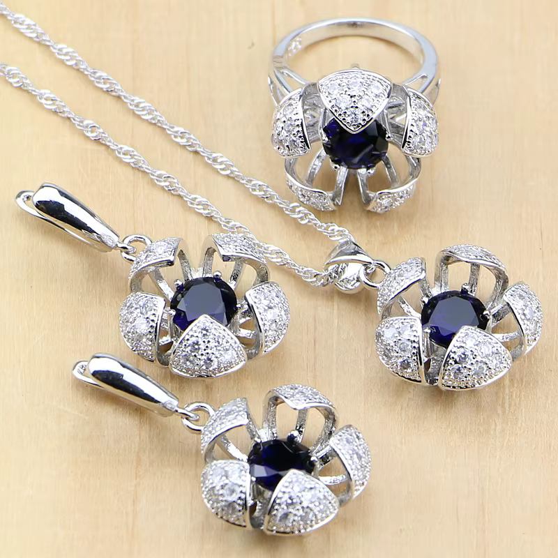 Bijoux en argent Sterling 925, zircone cubique bleue avec perles, ensembles de bijoux pour femmes, boucles d'oreilles/pendentif/bague/collier de mariage