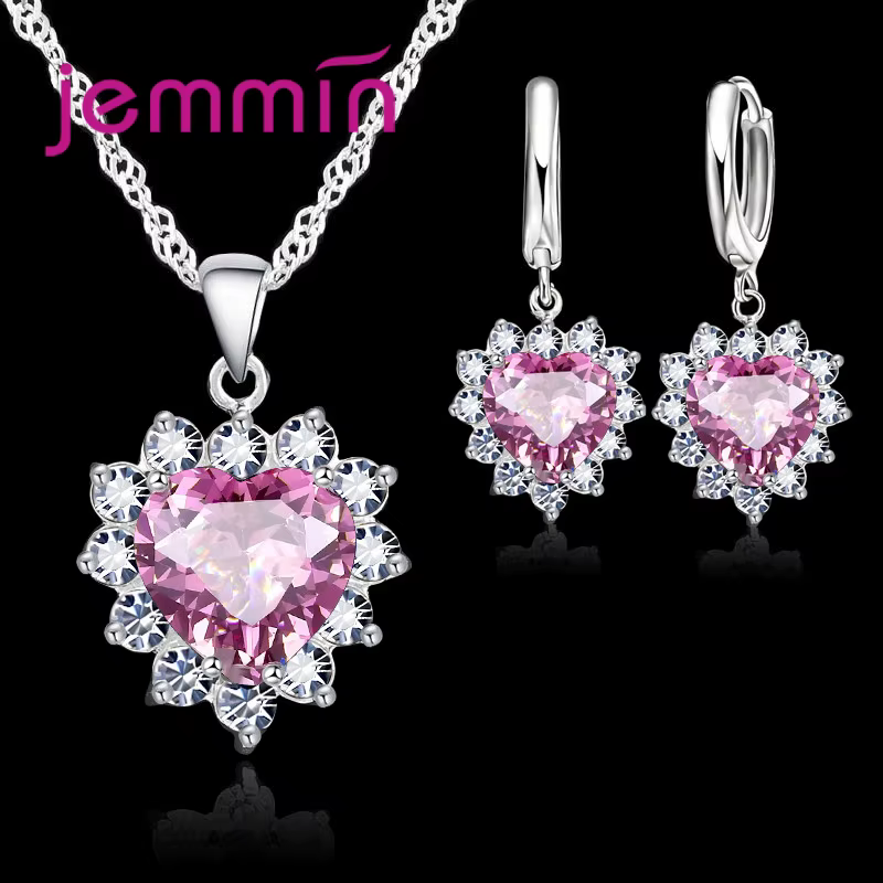 Top vente mariage fiançailles anniversaire cadeau bijoux ensembles solide 925 en argent Sterling coeur pendentif cerceau boucles d'oreilles pour femmes filles