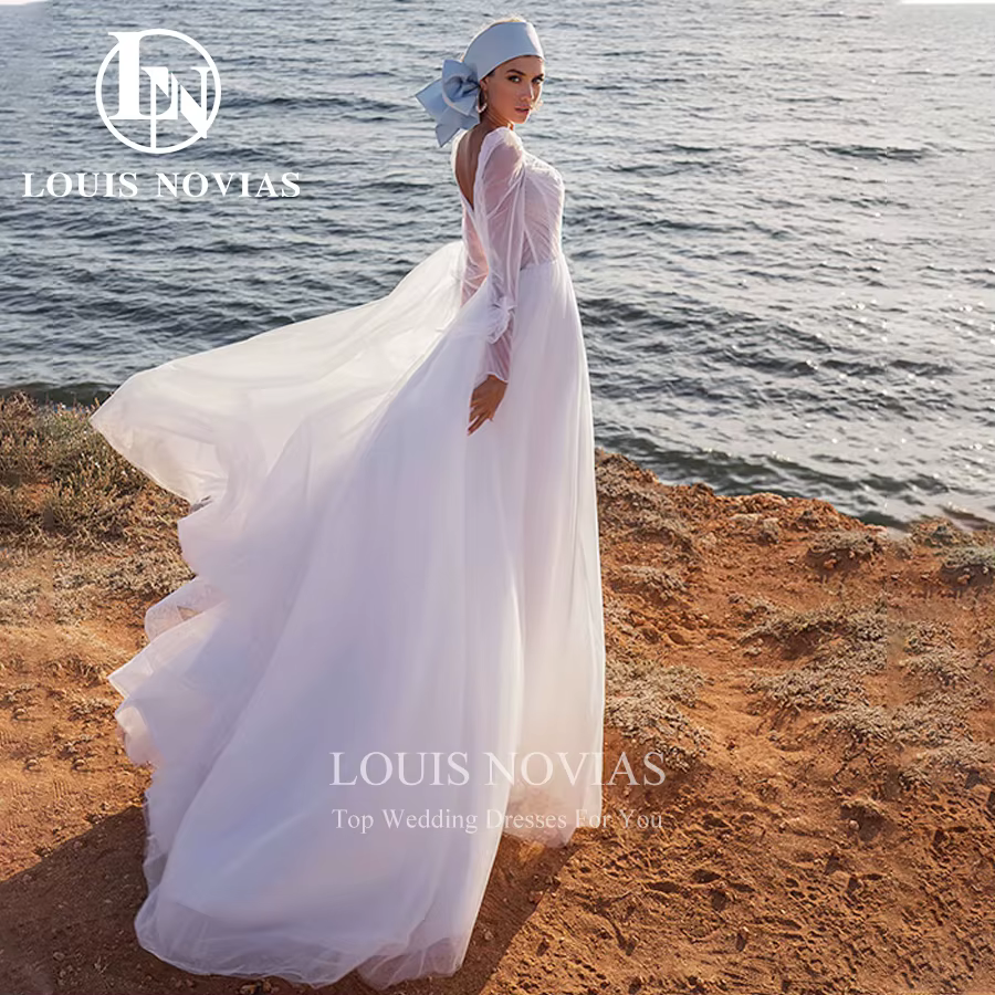 Modiis-Robe de mariée en tulle à manches longues et col en V pour patients