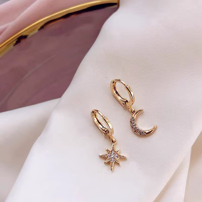 VENTFILLE 925 Sterling CZ étoile lune asymétrique boucles d'oreilles pour femmes filles or argent couleur fête bijoux cadeaux