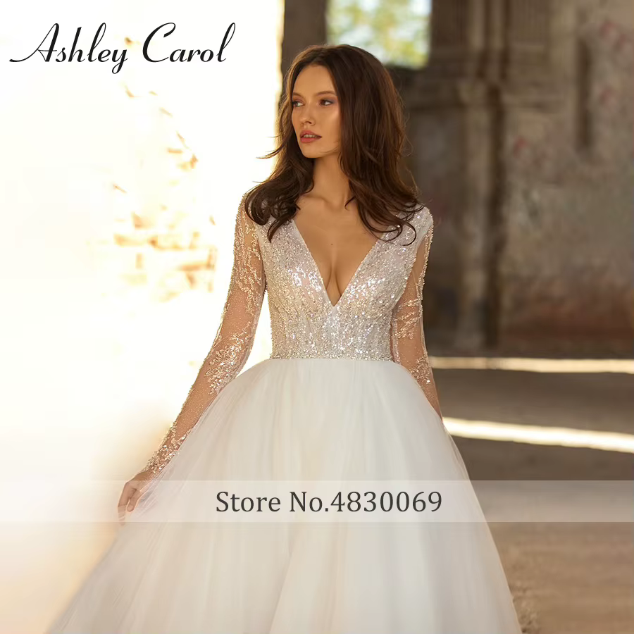 Ashley Carol robe de mariée trapèze Sexy délicate perlée scintillante col en v
