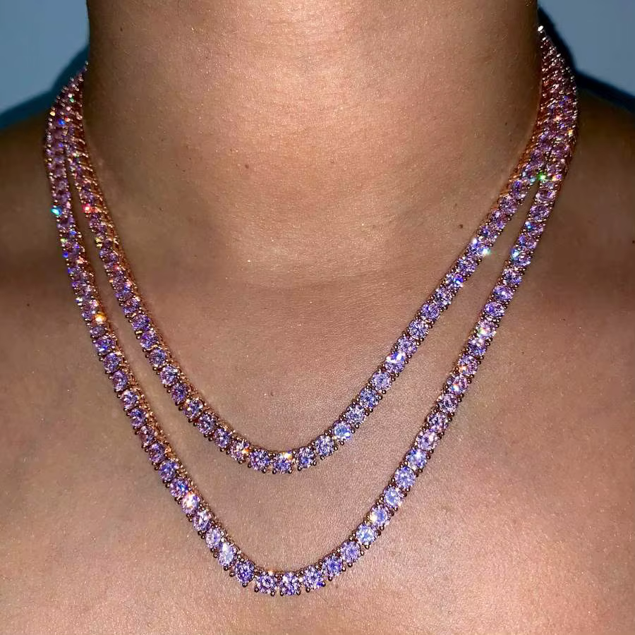 Parure de bijoux plaqué or rose avec chaîne tennis et zircons roses, ensemble collier, bracelet et bague de haute qualité pour femme