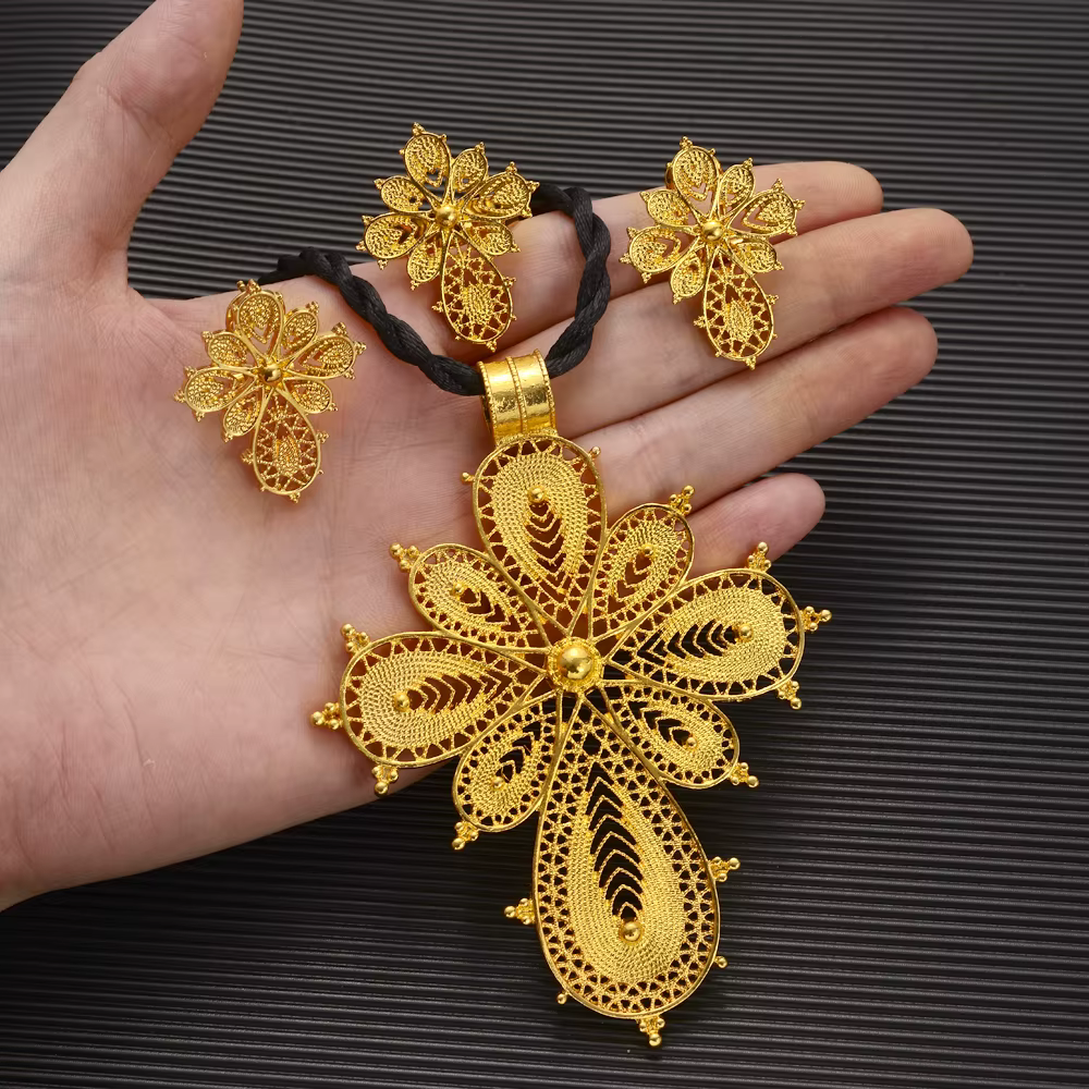 Bijoux croix éthiopiens plaqués or pour femmes, collier, bague, boucles d'oreilles, ensembles érythréens, cadeau de fête de mariage